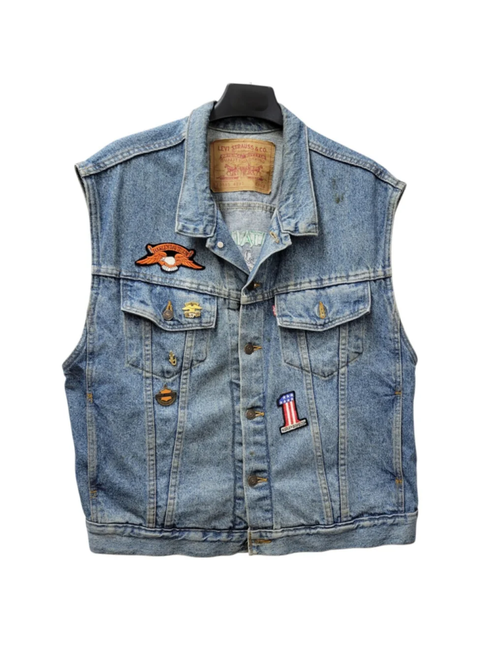 Levi's Denim #70595 Custom 100% Cotton Blue Vest Embroidered Patchwork Size XL